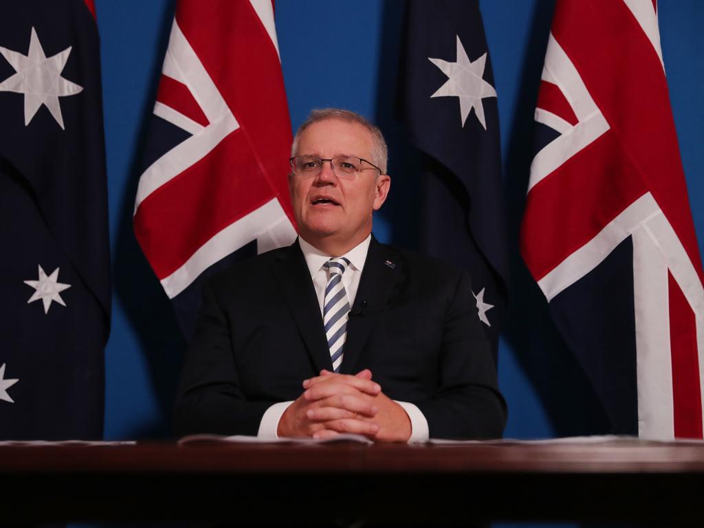 Prime Minister Scott Morrison delivers his speech at the Inaugural Grotius Prize while in 15 day quarantine lockdown on Monday. Picture: Adam Taylor