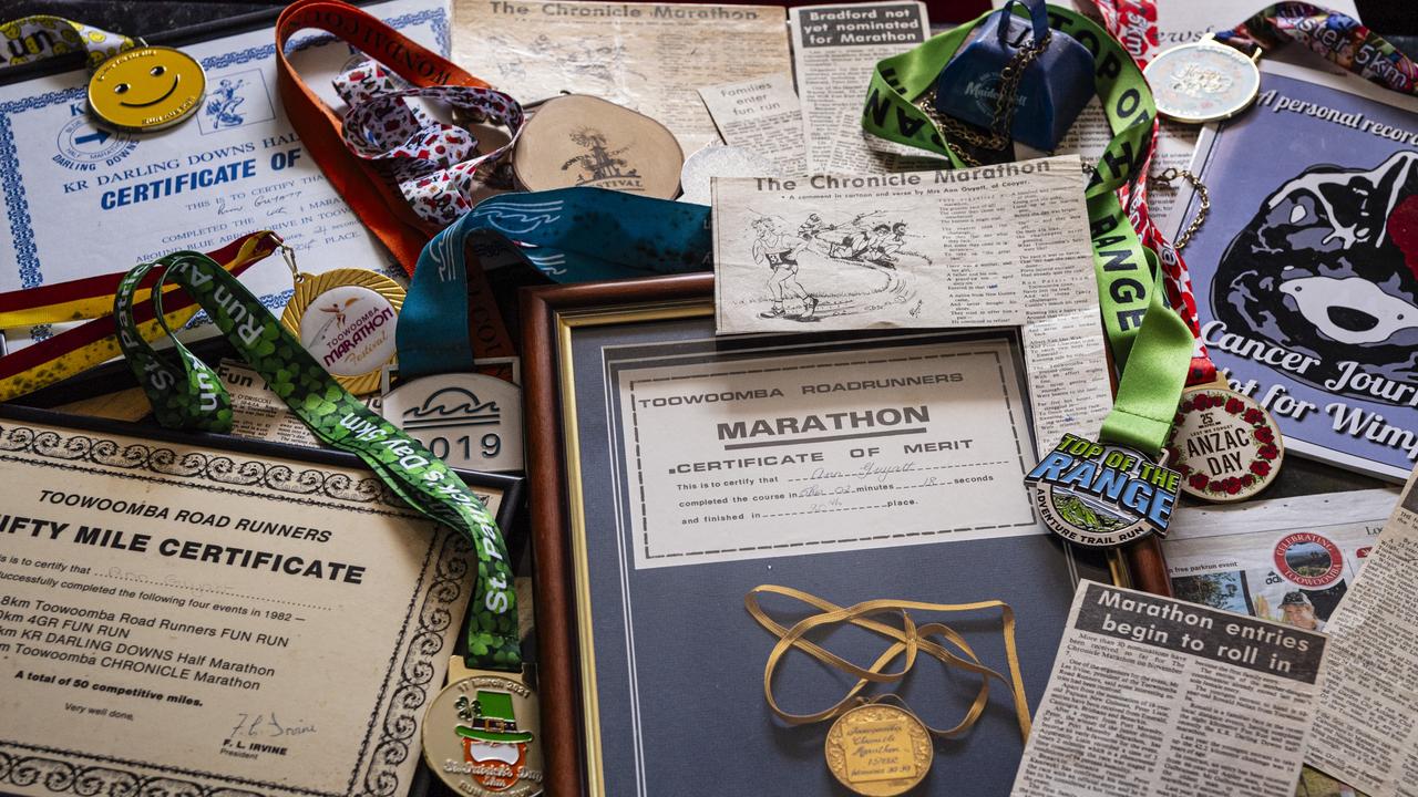 Runner Ann Guyatt will line up for the 5km event of the Toowoomba Marathon, she completed the Toowoomba Marathon in 1982. Ann has collected many medallions from various marathon events, Saturday, April 27, 2024. Picture: Kevin Farmer