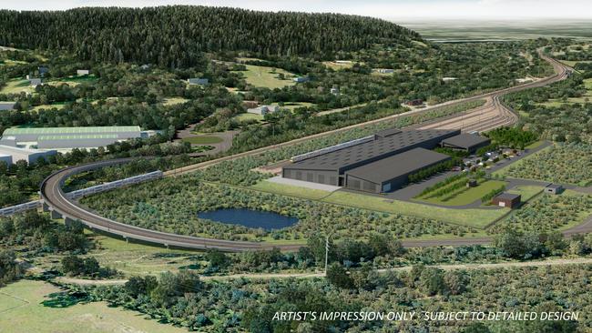 An artists impression on the rail maintenance facility for the New Intercity Fleet at Kangy Angy.