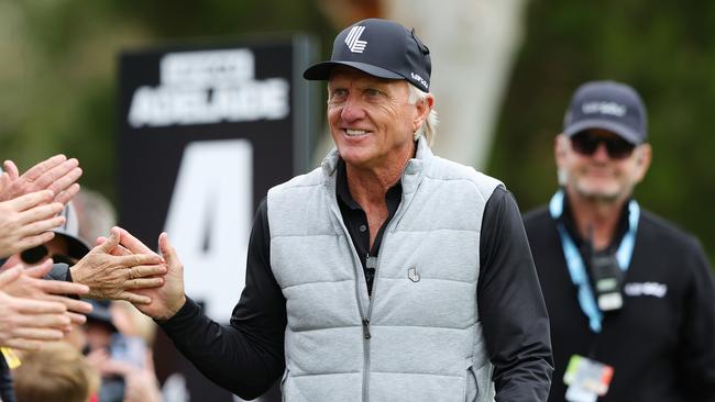 ADELAIDE, AUSTRALIA - APRIL 26: Greg Norman greets fans on the 4th tee during LIV Adelaide at The Grange Golf Club on April 26, 2024 in Adelaide, Australia. (Photo by Sarah Reed/Getty Images)