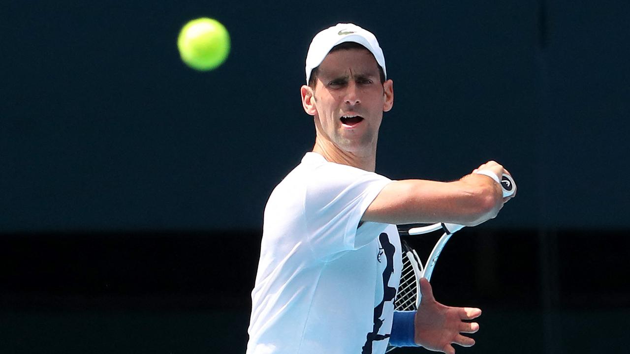 Novak Djokovic’s Australian Open campaign hangs in the balance. Picture: Kelly Defina/Pool/AFP