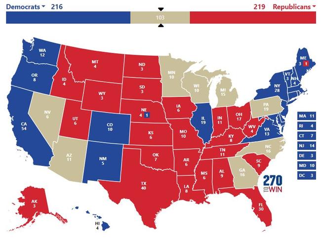 This year's electoral map. Realistically, only the states coloured neither blue nor red are in play for both sides; they will decide the next president. Picture: 270toWin