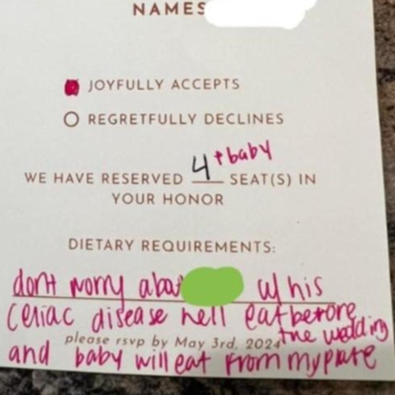 The guest added on the RSVP form that her baby would eat off her plate, so the child wouldn’t need one. Picture: Facebook