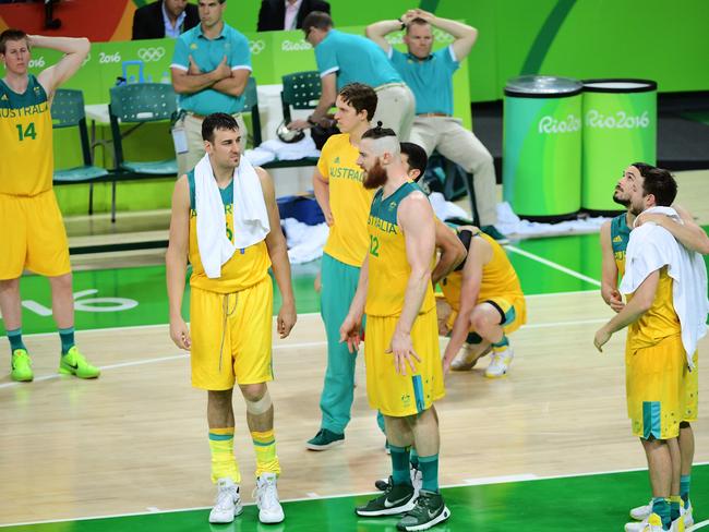 Australia's Brock Motum, Andrew Bogut, Cameron Bairstow, Aron Baynes, Chris Goulding and Matthew Dellavedova after losing to Spain. Picture: Emmanuel Dunand