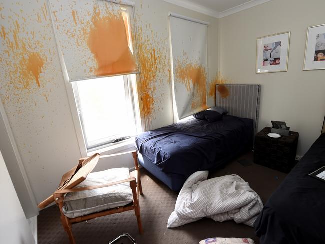 Damage to the house. The orange on the walls and blinds is from the peper spray police used. Rocks thrown at police at a party that has got out of hand at an AirBnB at Attunga Grove Werribee . Picture: Nicole Garmston