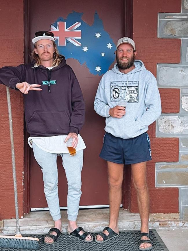 Wade Fletcher and Tayt Syme outside the Carrieton Hotel in the southern Flinders Ranges.