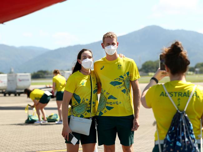 Molly Goodman and Luke Fletcher pose for a portrait at Cairns Airport as they head to Tokyo for the 2020 Olympic Games. Picture: Kelly Defina/Getty Images