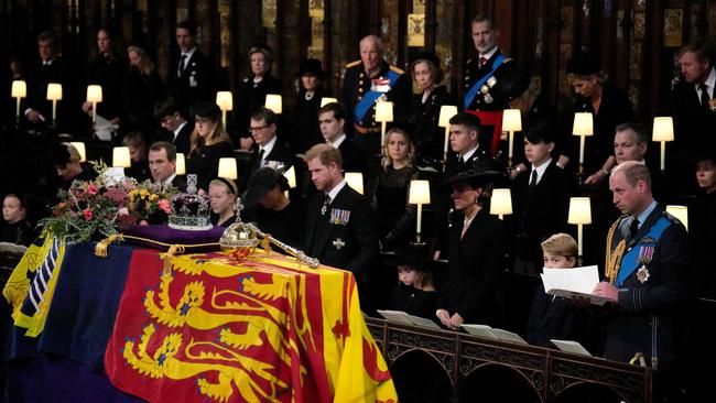 Prince Harry, Princess Charlotte, Catherine, Prince George and Prince William at the committal service for the Queen. Picture: WPA Pool/Getty Images