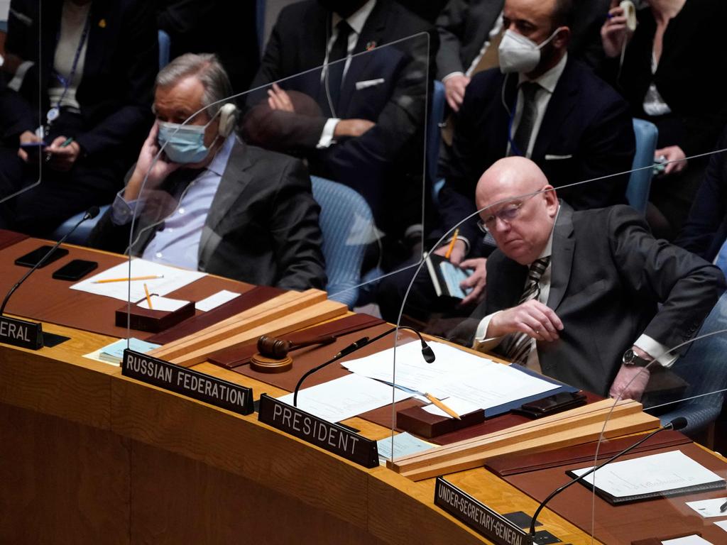 Russian representative to the United Nations Vasily Nebenzya (R) denies ‘war’ has begun. Picture: Timothy A. Clary/AFP