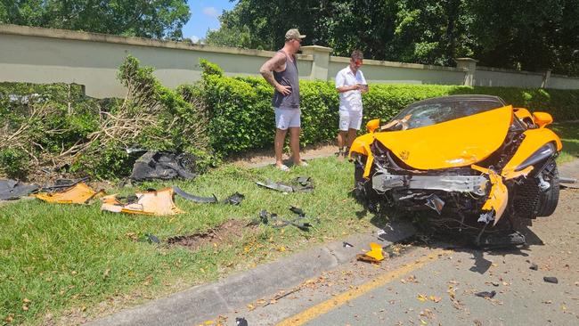 McLaren sports car badly damaged in crash with wall at Hope Island. Picture: Supplied.