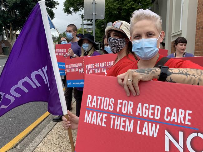 Nurses protest in Brisbane over shocking conditions in Australian private aged care. Picture: Brad Fleet