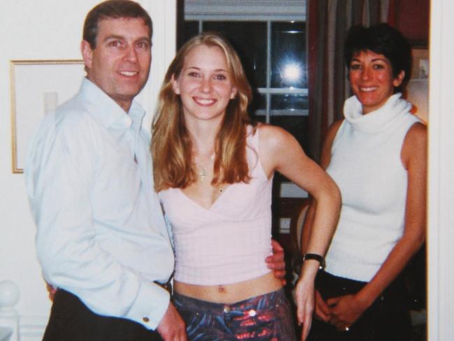 Prince Andrew says this photo with his arm around the waist of 17-year-old Virginia Roberts (now Giuffre) with Ms Maxwell in the background could be fake. Picture: BACKGRID Australia