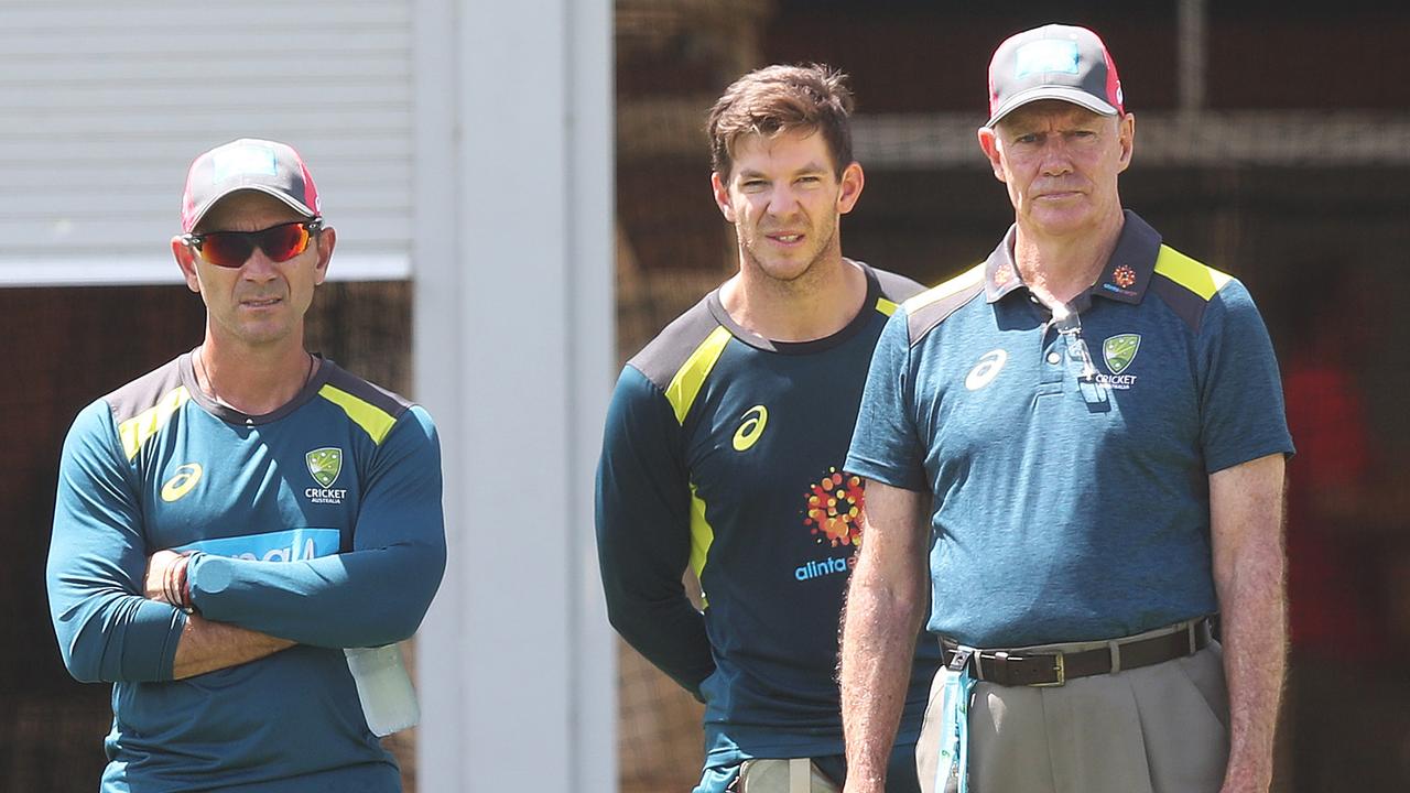 Australian coach Justin Langer, captain Tim Paine and selector Greg Chappell, who will retire after the Ashes.  