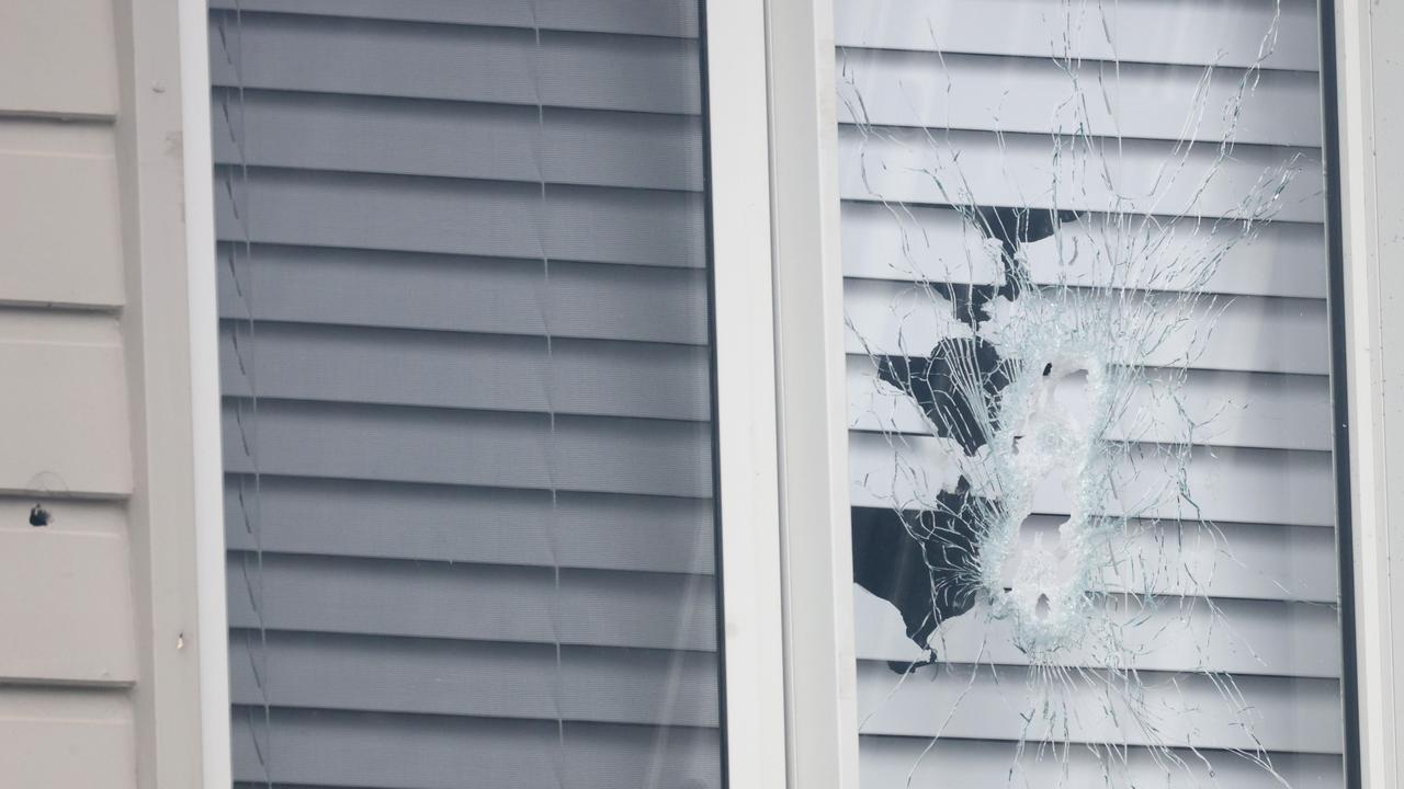 A close up of the bullet holes in a house in Marsden Park after a drive by shooting on Thursday night. Picture: NewsWire / Damian Shaw