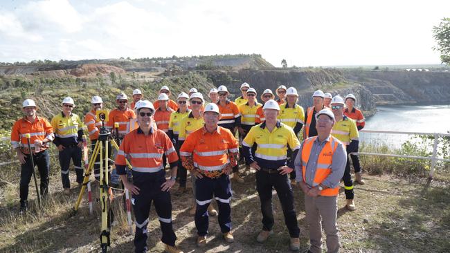 Genex Power chief executive officer James Harding with, Resources Minister Scott Stewart, Energy, Renewables and Hydrogen Minister Mick de Brenni and Etheridge Mayor Barry Hughes and Kidston pumped hydro workers celebrate the latest milestone of the project. Picture: Peter Carruthers