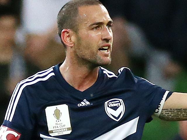 FFA Cup Semi Final, Melbourne Victory V Melbourne City at AAMI Park, 25th October, Melbourne Australia. Melbourne City's Bruno Fornaroli and Melbourne CityÕs Nick Fitzgerald celebrate the goal of Melbourne City's Luke Brattan. Melbourne Victory's Carl Valeri complains to the referee about the linesman calling off side. Picture : George Salpigtidis