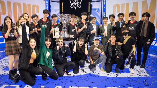 The Edward Gaming team poses with the winner’s trophy after the League of Legends World Championship finals in Reykjavik at the weekend. Picture: Riot Games