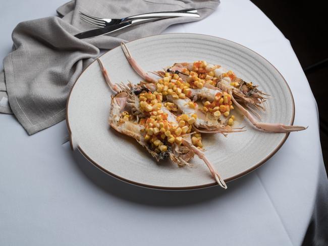 Fire roasted scampi, miso, grilled corn, tobiko. Beaux Rumble, Fortitude Valley