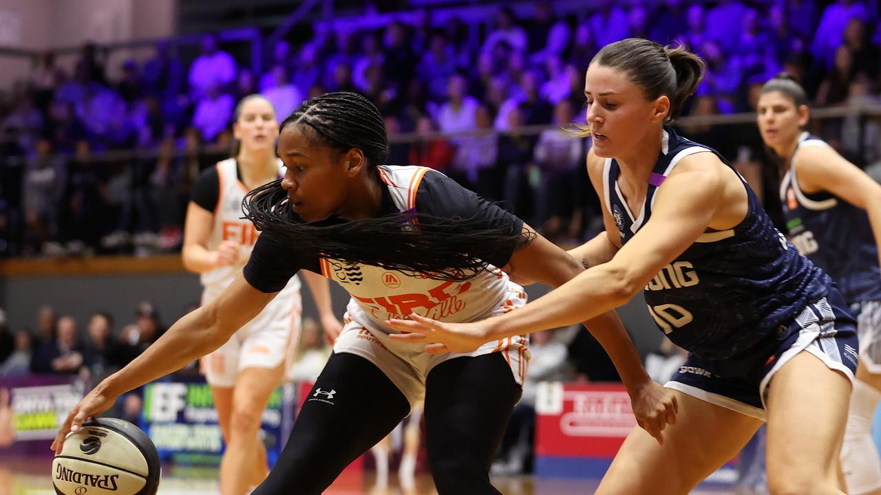 GEELONG, AUSTRALIA - OCTOBER 30: Zia Cooke of the Townsville Fire handles the ball during the round one WNBL match between Geelong United and Townsville Fire at The Geelong Arena, on October 30, 2024, in Geelong, Australia. (Photo by Kelly Defina/Getty Images)