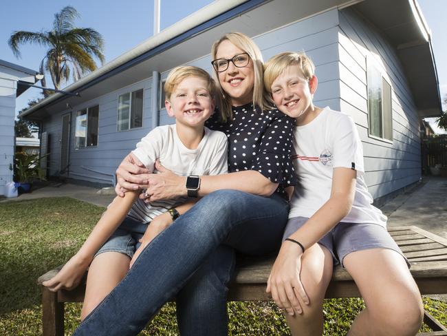 Justine Clemow with sons Max 7, and Cohen 12 at home this week on the Sunshine Coast. Photo: Lachie Millard