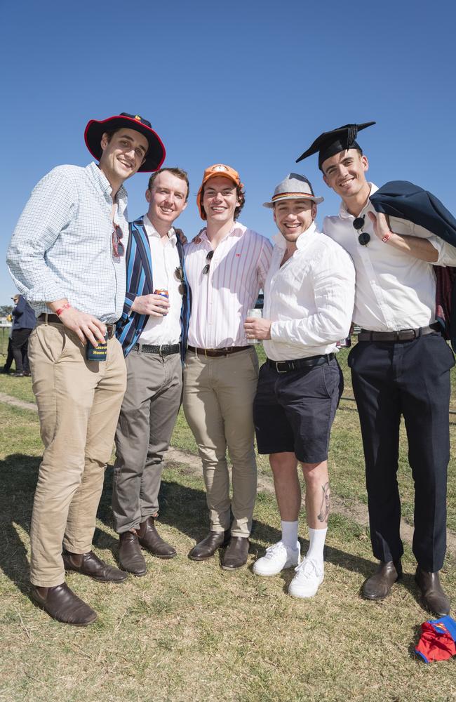 UQ Red Lions AFL team members (from left) George Clinton, Hamish Loraine, Connor Wadsworth, Ben Larsen-Smith and Andres Martinez on a footy weekend away at Warwick Cup race day at Allman Park Racecourse, Saturday, October 14, 2023. Picture: Kevin Farmer