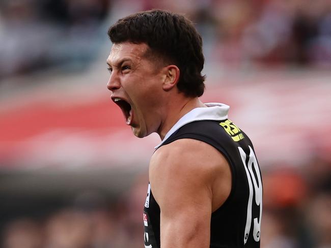 MELBOURNE, AUSTRALIA - September 9 , 2023. AFL . 2nd Elimination Final.    Rowan Marshall of the Saints celebrates a 1st quarter goal  during the elimination final between St Kilda and Greater Western Sydney at the MCG in Melbourne, Australia.  Photo by Michael Klein.