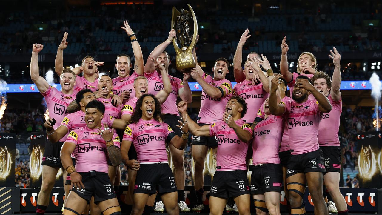 The Penrith Panthers celebrate winning the NRL Grand Final against Melbourne Storm at Accor Stadium, Sydney Olympic Park. Picture: Jonathan Ng