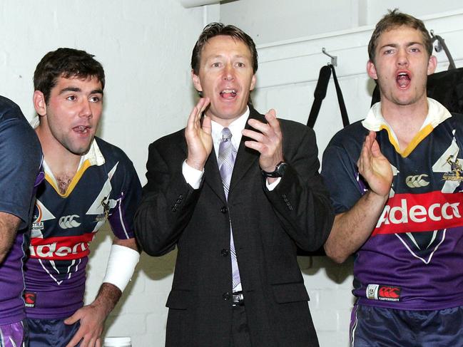 Matt Geyer, Cam Smith (Cameron Smith), Craig Bellamy, Dallas Johnson and Alex Chan break into song after the win. Melbourne Storm v Parramatta. Olympic Park.