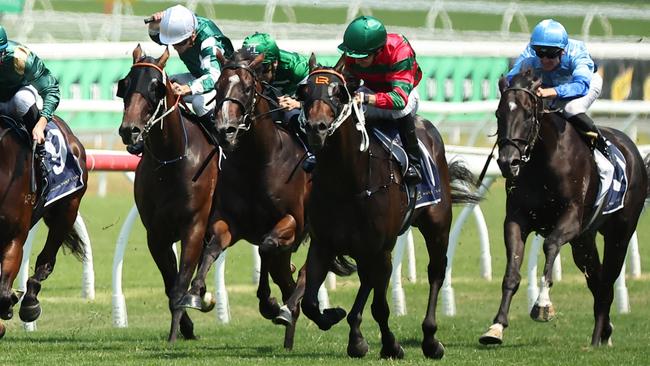 Jason Collett (green, red silks) rides Rivellino to victory in the Group 2 Skyline Stakes at Royal Randwick. Picture: Jeremy Ng / Getty Images