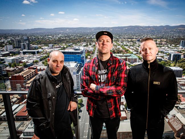 The Hilltop Hoods Baz Francis (DJ Debris), Matt Lambert (MC Suffa) and Dan Smith (MC Pressure) will be at Fire Fight. Picture: Matt Turner