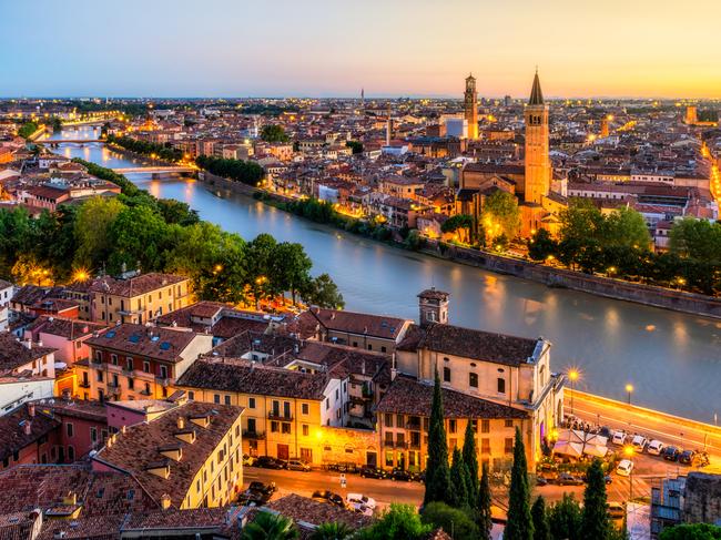 Aerial View of Verona city at Sunset with Adige river. Veneto. Italy