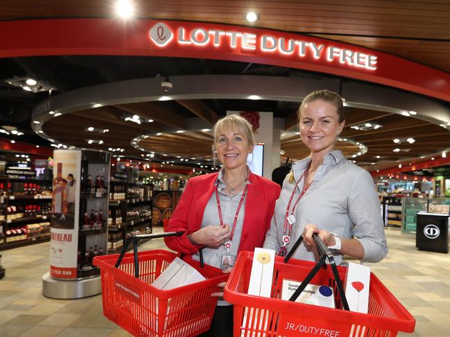 Camille Carstens  and Olga Goodman sales assistants  at Lotte duty free . they both from the Sunshine Coast.Pic Annette Dew