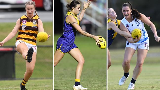 QAFLW stars Anna Van De Wiel (Aspley), Lily Tarlinton (Bond) and Jess Watts (Coorparoo) in action. Pictures: Highflyer Images and Brooke Sleep Media.