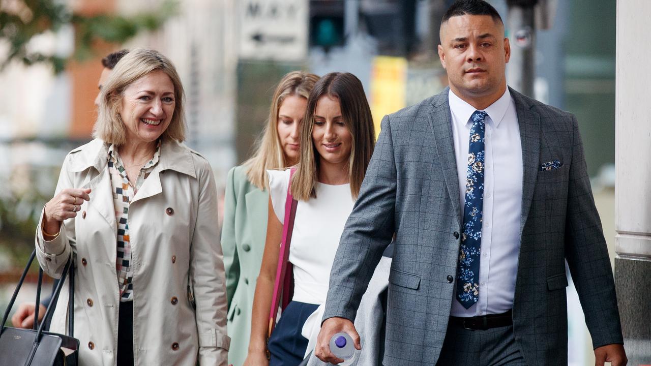 Hayne arrives with his wife Amelia Bonnici and lawyer Margaret Cunneen. Picture: Nikki Short/NCA NewsWire