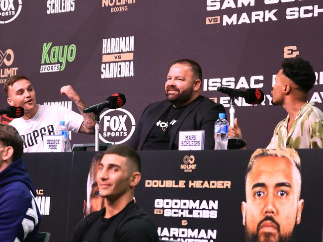 Goodman (L) and Schleibs (R) clash at a press conference earlier this month. Picture: Getty Images