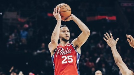 Ben Simmons lands a deep three-pointer in a pre-season game. Picture: Philadelphia 76ers