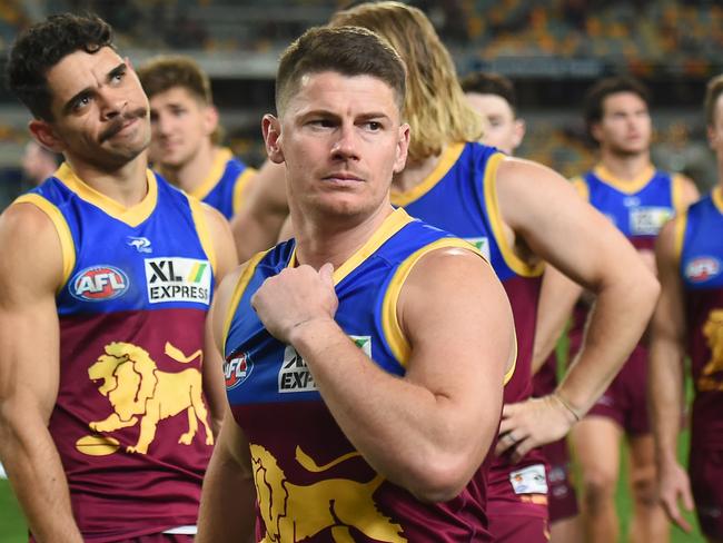 BRISBANE, AUSTRALIA - AUGUST 19: Dayne Zorko of the Lions looks dejected after his team's defeat during the round 23 AFL match between the Brisbane Lions and the Melbourne Demons at The Gabba on August 19, 2022 in Brisbane, Australia. (Photo by Albert Perez/AFL Photos via Getty Images)