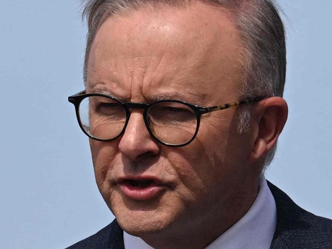 Australian Prime Minister Anthony Albanese speaks during a press conference alongside US President Joe Biden and British Prime Minister Rishi Sunak (not pictured) during the AUKUS summit on March 13, 2023, at Naval Base Point Loma in San Diego California. - AUKUS is a trilateral security pact announced on September 15, 2021, for the Indo-Pacific region. (Photo by Jim WATSON / AFP)