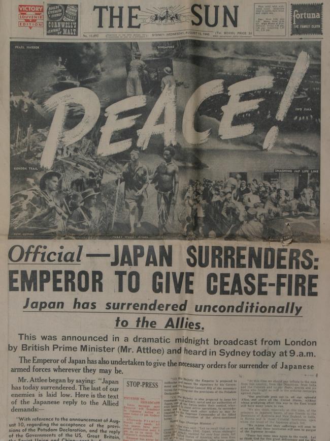 The Sun’s report on the end of World War II with the Victory in the Pacific on Wednesday, August 15, 1945.