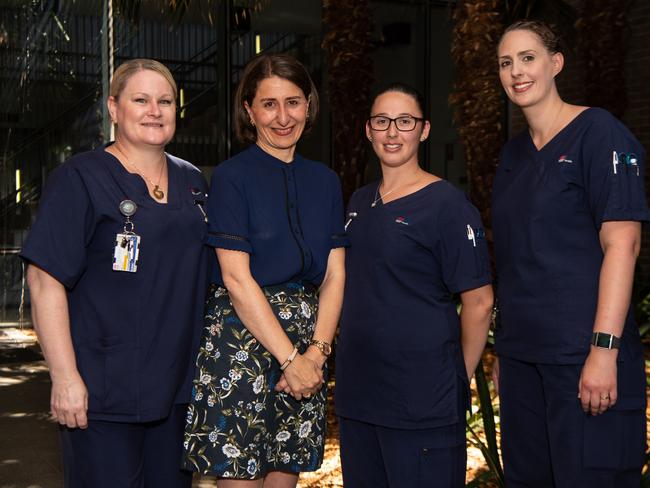 Premier Gladys Berejiklian with nurses outside Nepean Hospital on Sunday. Picture: Monique Harmer