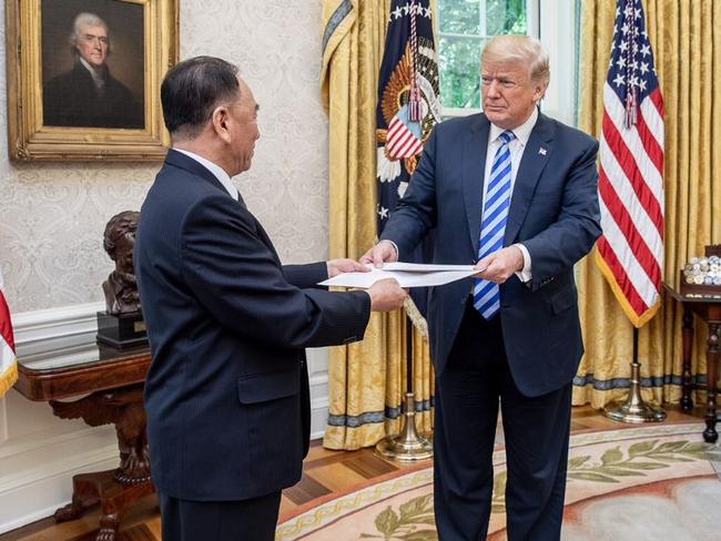 Kim Yong Chol gives and Donald Trump a letter from Kim Jong-un. Picture: White House