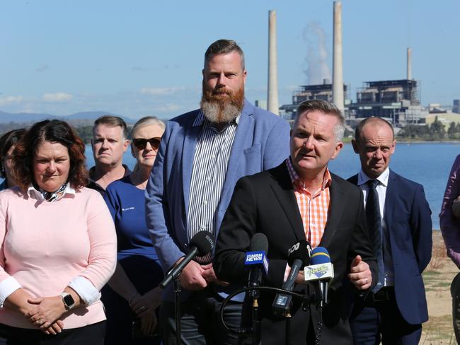 05/05/2023. Energy Minister Chris Bowen holds a press conference at Lake Liddell recreation area, with view to Liddell power station, south of Muswellbrook in NSW, announcing Australia's Net Zero Authority. Britta Campion / The Australian