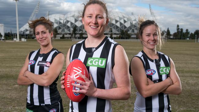 Collingwood free agency signings (from left) Canadian Kendra Heil, Lou Wotton and Sophie Casey. Picture: Christopher Chan.