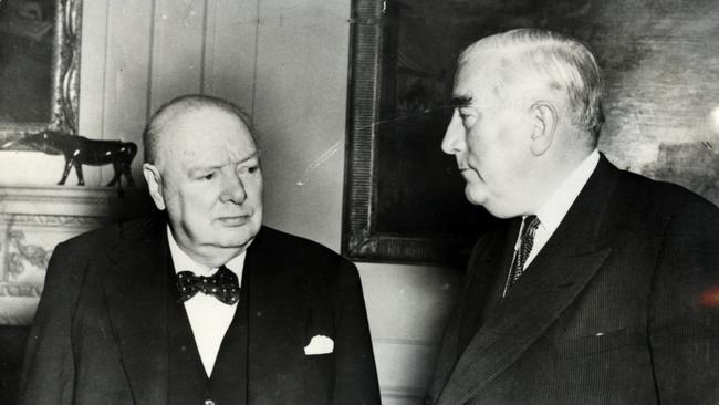 Winston Churchill and Robert Menzies at 10 Downing Street in 1955.