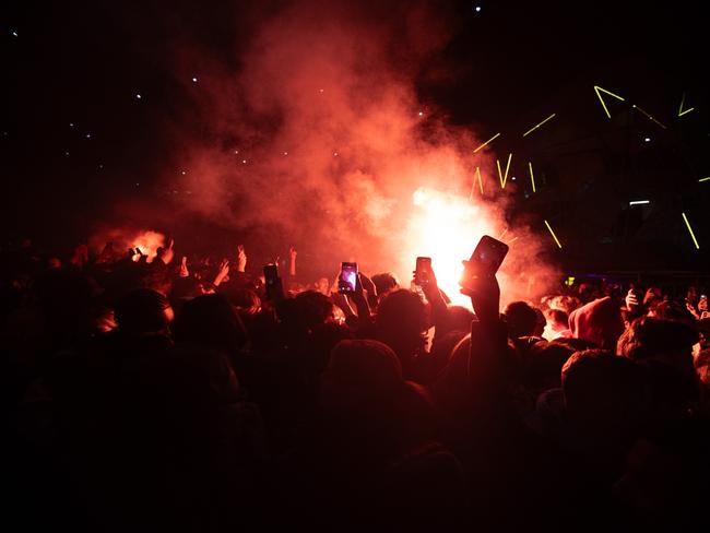 Several flares were set off pre-game. Picture: Jake Nowakowski