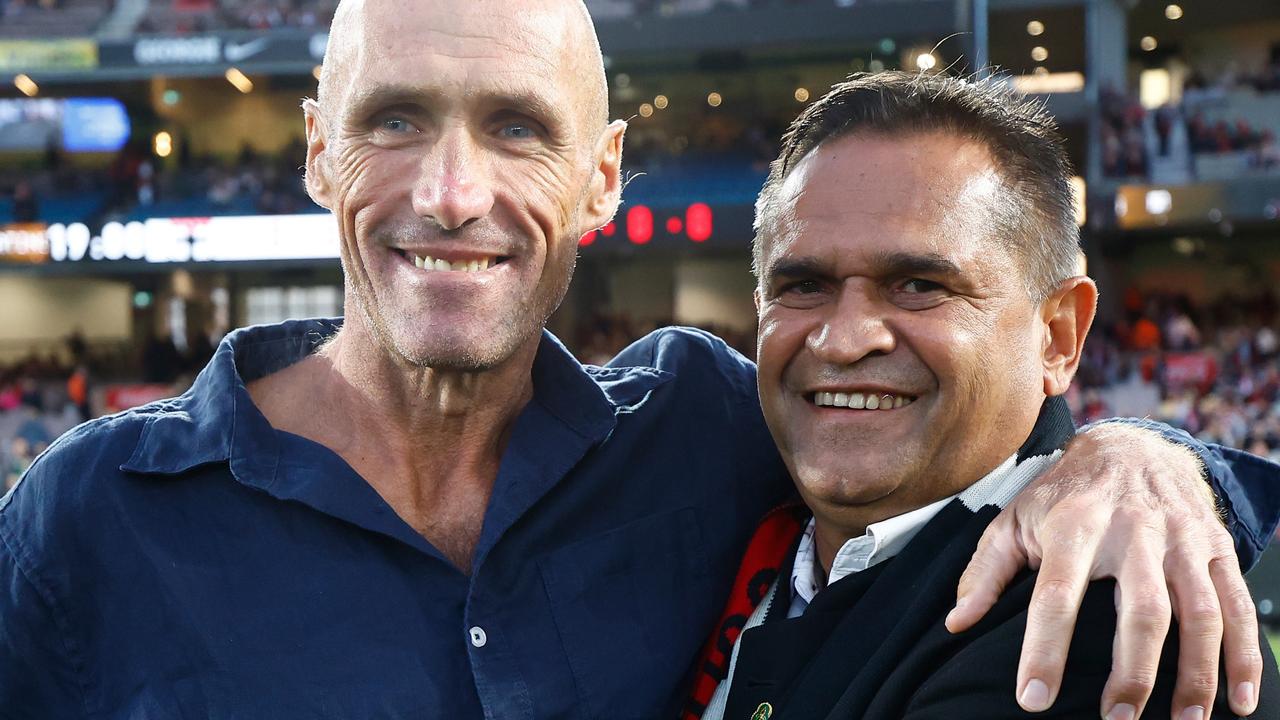 Tony Lockett, with fellow Saints legend Nicky Winmar, joins in at club’s 150th celebrations on Saturday night.