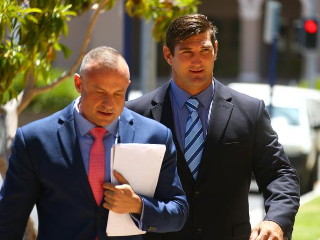 Former Gold Coast Titans player Dave Taylor appearing in Southport Court with his lawyer Campbell McCallum last November. Picture: David Clark