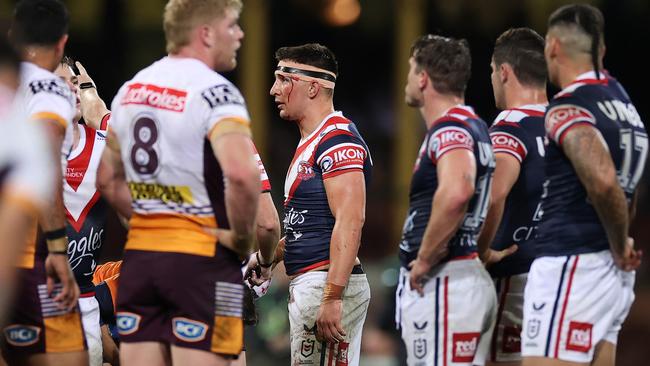 Victor Radley sustained a nasty cut above the eye in Roosters’ brutal clash against the Broncos last round. Picture: Cameron Spencer/Getty Images