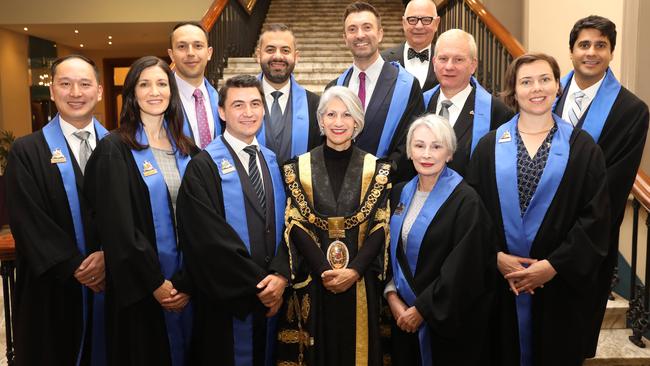 The Adelaide City Council lineup after the 2018 elections. Front row, from left, Simon Zou, Mary Couros, Alex Hyde, Lord Mayor Sandy Verschoor, Anne Moran, Helen Donovan. Middle row, Arman Abrahimzadeh, Housman Abiad, Robert Simms, Franz Knoll, Jessy Khera. Rear, Phillip Martin. Picture: Russell Millard/AAP