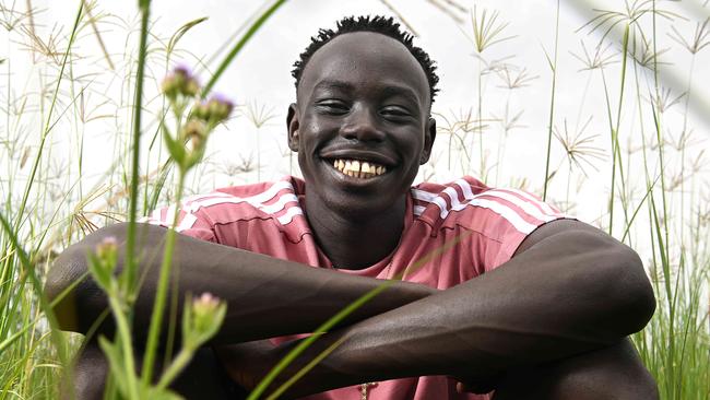 **HOLD FOR SATURDAY PAPERS** 4/12/2024: Teenage sprint running star Gout Gout, who has smashed a number of records recently in competition, near his home in Spring Mountain, Brisbane. pic: Lyndon Mechielsen/Courier Mail